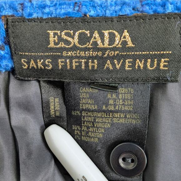 Vtg ESCADA Saks Fifth Avenue Blue Tweed Skirt Wool Mohair Grid 44 - Picture 3 of 8